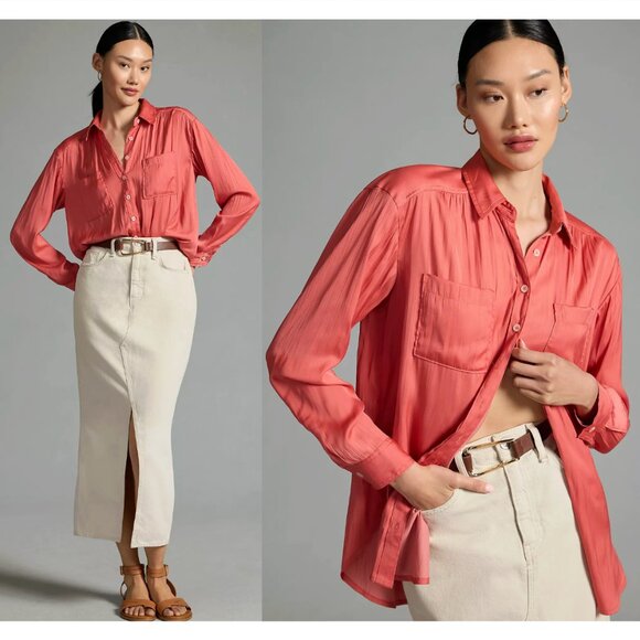 Anthropologie Relaxed Silky Long Sleeve Buttondown in Rose Pink - Picture 1 of 8